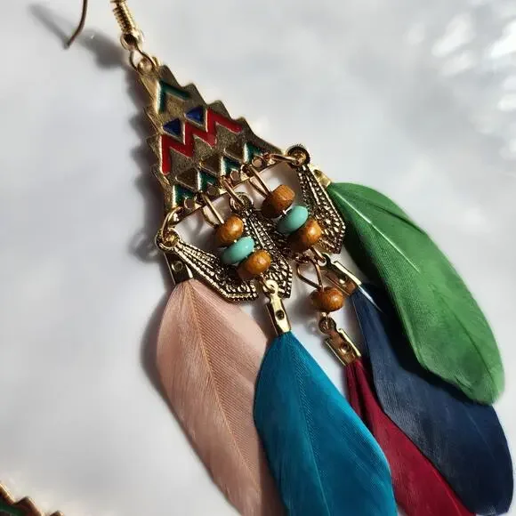 Equator Breeze Multicolor Feather Aztec Pyramid Earrings - Picture 5 of 5